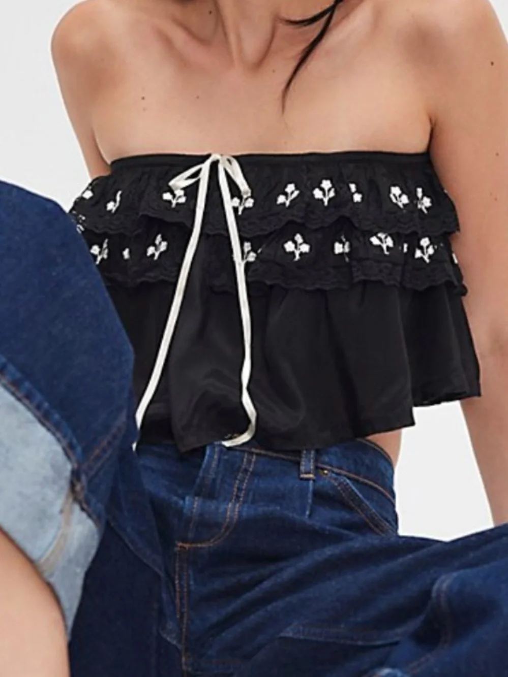 Free People Tailia embroidered Ruffle Crop Top with White Embroidery
